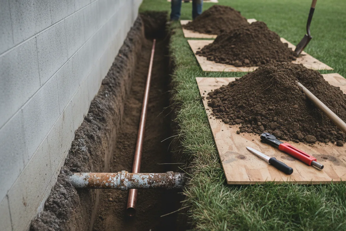 Excavated water line trench during Water Softener Installation in East Elmhurst